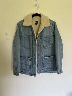 GAP Patch Pocket Sherpa Denim Jacket Chore Coat Barn Style Xs Petite Oversized